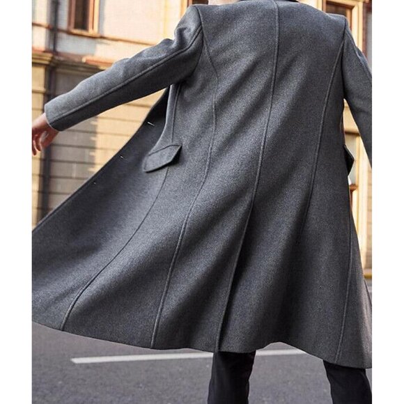 Men's Grey Slim Fit Notched Collar Long Casual Trench Coat with Pocket - Picture 4 of 6